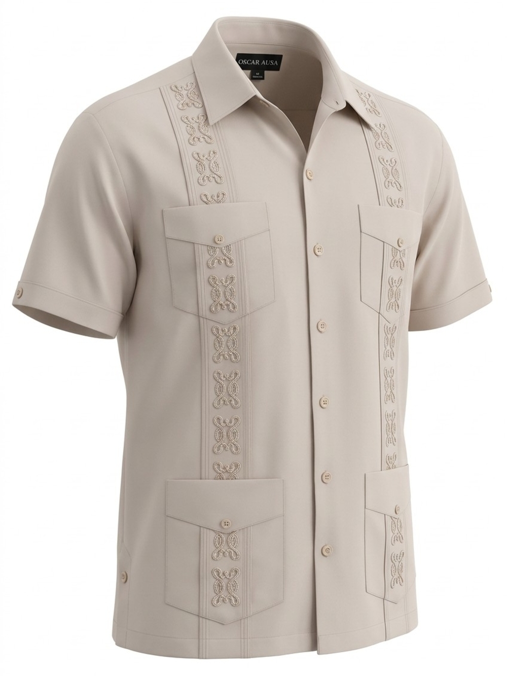 Oscar Ausa Men's Short-Sleeve Guayabera Shirt in Beige Size Large